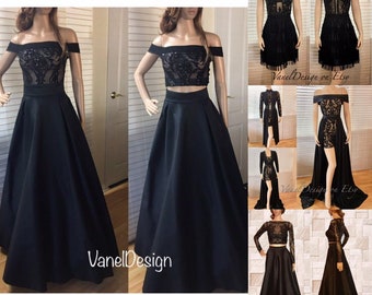 Black Long Dress, Sequins Bodice Crop-Top, Bridesmaids Dress, Bridal Gowns, Two Piece Bridal Gown, Maxi Skirt, Long Dress, Plus Size, Floor
