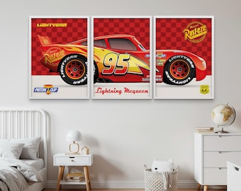 May include: A triptych of framed art prints featuring Lightning McQueen from the movie Cars. The prints showcase the red race car with the number 95, the Rust-eze logo, and the text "Lightning McQueen". The background is a red checkered pattern.