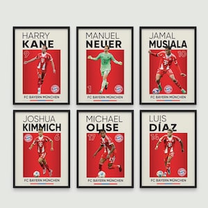 Jamal Musiala, Harry Kane, Michael Olise, Manuel Neuer, Joshua Kimmich, Luis Diaz Poster Set de 6, impresiones de fussball, impresión de fútbol digital