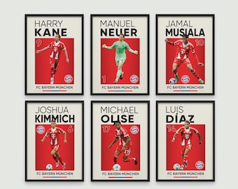 Jamal Musiala, Harry Kane, Michael Olise, Manuel Neuer, Joshua Kimmich, Luis Diaz Poster Set of 6, fussball prints, digital football print