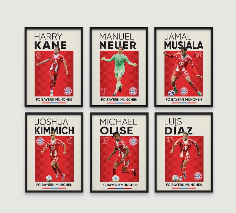 Pode incluir: Um conjunto de seis cartazes emoldurados com os jogadores de futebol do FC Bayern M&uuml;nchen Harry Kane, Manuel Neuer, Jamal Musiala, Joshua Kimmich, Michael Olise e Luis D&iacute;az. Cada cartaz exibe o nome, n&uacute;mero e log&oacute;tipo da equipa.