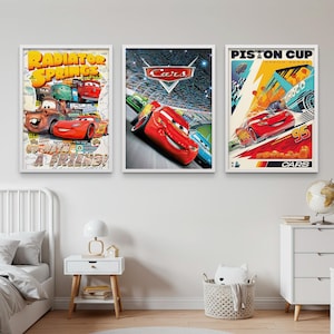 Cars filmposter set van 3, Lightning McQueen-poster, poster Radiator Springs, poster zuigerbeker, auto's kunst aan de muur, auto's kunstafdruk, auto's decor