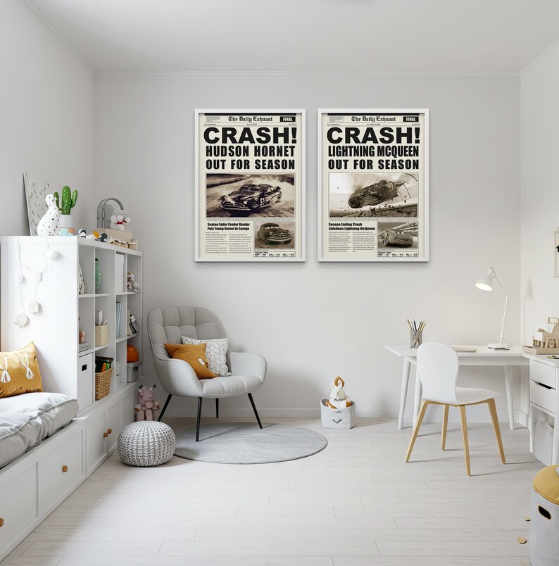 Hudson Hornet Lightning Mcqueen Crash Poster Set Of 2 Cars Newspaper 