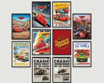 Póster de la película Cars (10 unidades), póster de Rayo McQueen, póster de Radiator Springs, póster de la Copa Piston, impresión de Hudson Hornet, arte mural de Cars