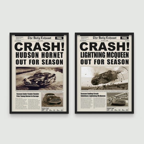 Hudson Hornet & Lightning McQueen Crash Poster Set of 2, Cars Newspaper Print, Piston cup merch, Disney Cars art prints, Cars Crash prints