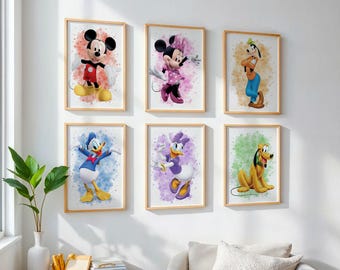 Mickey and Friends Wall Art Set of 6 | Mickey Mouse Prints | Disney Character Prints | Disney Fan Gifts | Nursery Decor | Kids Room Decor