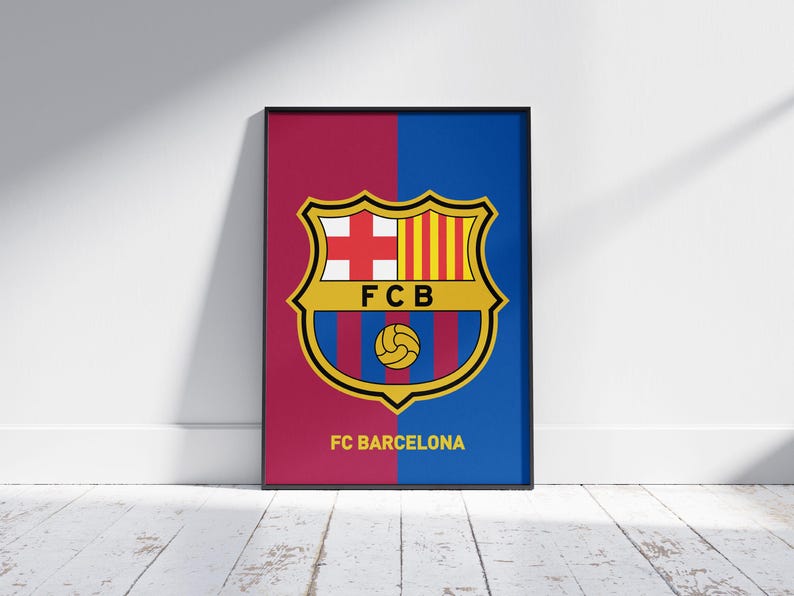 May include: Framed poster featuring the FC Barcelona crest. The design is split vertically, with a burgundy and blue background. The crest is a shield shape with a cross, stripes, and a soccer ball. The text "FC BARCELONA" is at the bottom.