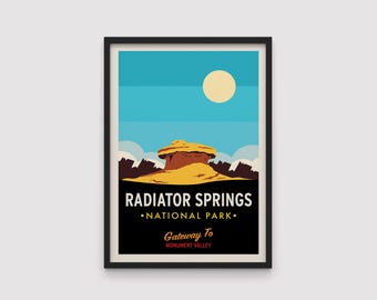 Póster de viaje de Radiator Springs, póster de Disney Cars, lámina artística de McQueen, arte de pared de Disney Cars, lámina artística de Lightning McQueen, arte de Disney