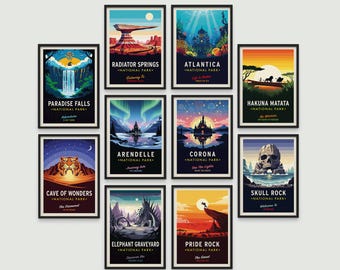 Disney National Park Poster Set of 10, Retro National Park prints, Disney Travel Posters, Radiator springs, Disney movie Posters