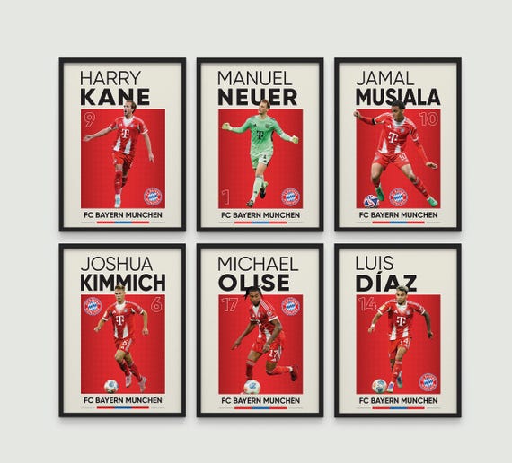 Jamal Musiala, Harry Kane, Michael Olise, Manuel Neuer, Joshua Kimmich, Luis Diaz Poster Set of 6, fussball prints, digital football print