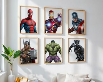 Superhero Wall Art Prints, Superhero poster Set of 6, Superhero arts, Superhero Boys Room decor, Superhero art print, Kids room, Superhero