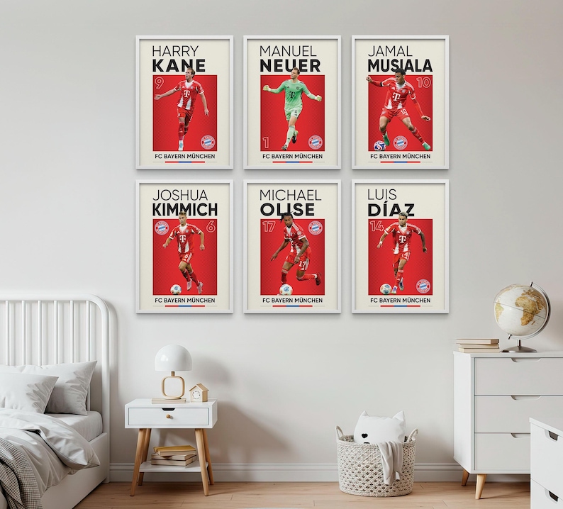 Jamal Musiala, Harry Kane, Michael Olise, Manuel Neuer, Joshua Kimmich, Luis Diaz Conjunto de pôsteres de 6, estampas de fussball, estampa digital de futebol imagem 15