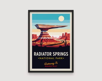 Póster del Parque Nacional Radiator Springs, póster de viaje a Radiator Springs, póster del Parque Nacional, arte mural de Disney Cars, póster de Disney Cars