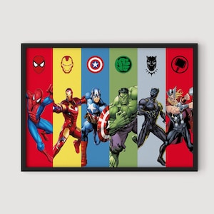 May include: A framed print featuring Marvel superheroes: Spider-Man, Iron Man, Captain America, Hulk, Black Panther, and Thor. Each character is set against a coloured background, with their respective logos at the top. The print is in a black frame.