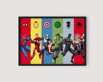 Arte mural de superhéroes, láminas de superhéroes, arte mural de los Vengadores, decoración de superhéroes, regalos de superhéroes, productos de los Vengadores, decoración para habitaciones infantiles, arte digital
