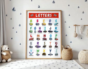 Póster del alfabeto de Disney Cars, Rayo McQueen, Radiator Springs, Copa Pistón, Póster de letras, Arte de pared de Disney Cars, Decoración de habitación infantil de Cars