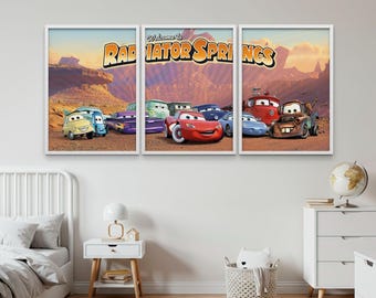 Juego de 3 pósteres de la película Cars, láminas de Radiator Springs, Rayo McQueen, láminas de Disney Cars, decoración para habitación infantil de Cars, arte de pared de Cars, decoración de Disney Cars