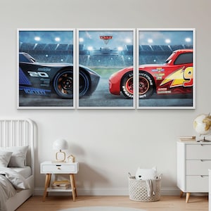 May include: A triptych of framed prints featuring Lightning McQueen and another race car from the movie Cars. The red race car has the number 9 on it. The other car is black with the number 20. The background shows a race track and stadium.