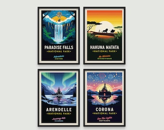 Disney National Park Poster Set of 4, Retro National Park prints, Disney Travel Posters, Paradise Falls, Arendelle, Hakuna Matata, Corona