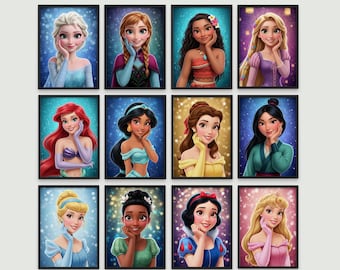 Disney Princess Wall Art Set of 12, Princess Wall Art for Girls Room, Nursery Art Prints, Girls Room Decor, Printable Princess Posters