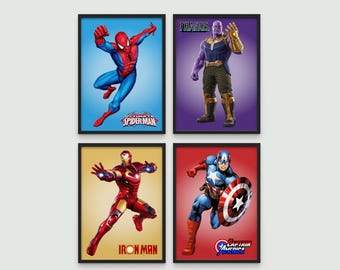 Superhjälteväggkonsttryck, Superhjälteposter Set om 4, Spider-Man, Iron Man, Captain America, Thanos-poster, Superhjältekonsttryck, Barnrum