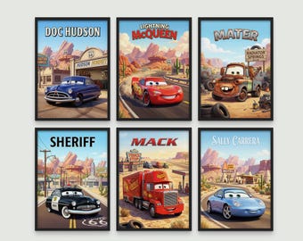 Póster de la película Cars (juego de 6): Rayo McQueen, Radiador Springs, Pistón, Hudson Hornet, Tow Mater, Arte mural de Cars