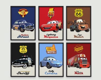 Póster de la película Cars (juego de 6): Rayo McQueen, Radiador Springs, Pistón, Arte de Cars, Decoración de pared de Cars