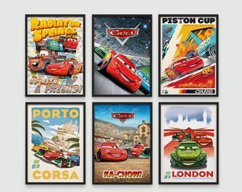 カーズ映画ポスター6枚セット、ライトニング・マックィーンポスター、ラジエーター・スプリングスポスター、ピストンカップポスター、カーズアートプリント、カーズウォールアート、カーズデコレーション