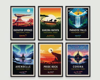 Disney National Park Poster Set of 6, Retro National Park prints, Disney Travel Posters, Radiator springs, Paradise Falls, Arendelle, Corona
