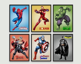 Superhero Wall Art Prints, Superhero poster Set of 6, Superhero arts, Superhero Boys Room decor, Superhero art print, Kids room, Superhero
