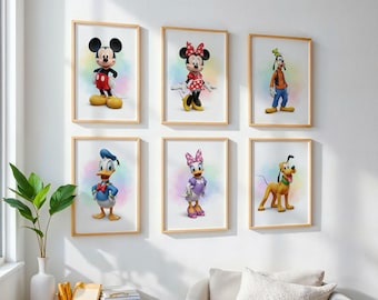 Mickey and Friends Wall Art Set of 6 | Mickey Mouse Prints | Disney Character Prints | Disney Fan Gifts | Nursery Decor | Kids Room Decor