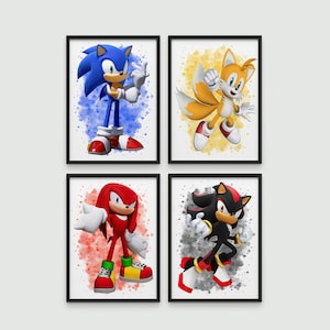 Sonic the Hedgehog Wall Art Set of 4 | Sonic Poster Bundle | Kids Room Decor | Sonic, Tails, Knuckles, Shadow | Sonic gifts | Sonic Decor