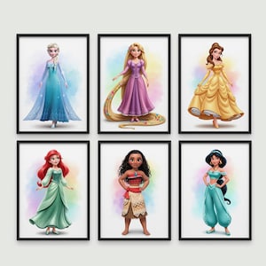 May include: Six framed art prints featuring illustrations of Disney princesses. Each princess is depicted in a colorful dress, with a watercolor-style background. The princesses include Elsa, Rapunzel, Belle, Ariel, Moana, and Jasmine.