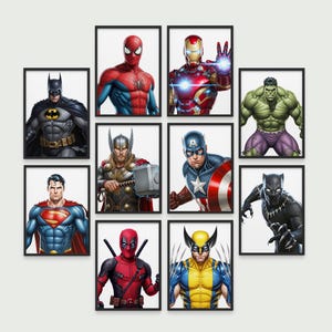 Superhero Wall Art Prints, Superhero poster Set of 10, Superhero arts, Superhero Boys Room decor, Superhero art print, Kids room, Superhero