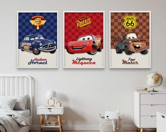 Juego de 3 pósteres de la película Cars: McQueen, Rayo McQueen, Rust eze, Mater, Doc Hudson, láminas de Disney Cars, láminas artísticas de Cars, decoración de Cars.