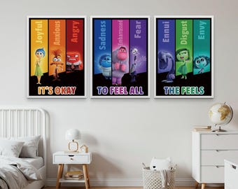 May include: Three framed art prints featuring characters from the movie "Inside Out." Each print has a black border and a colorful background with the words "It's Okay," "To Feel All," and "The Feels."