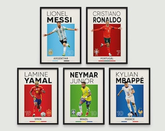 Messi, Ronaldo, Neymar, Mbappe, Yamal Poster Set of 5, Football Stars Poster Bundle, Soccer stars print, Football fan gift, Soccer gift