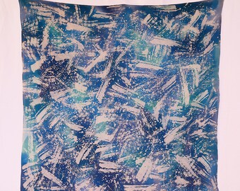 Hand painted silk scarf, brushstrokes, texture, blue and white, wearable art, luxury gift