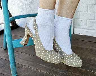 Marchez Vous Linen Polka Dot Slingback Heels Size 7.5, Made in Italy