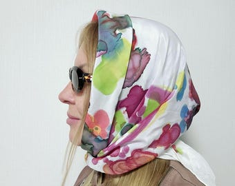 Handmade Batik Silk Headscarf: Abstract Art Scarf, Bright Colors