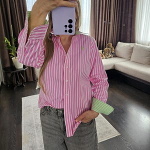 Ralph Lauren Rosa Grön Randig Bomullsskjorta, Retro Topp Med Knappar