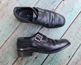 Zapatos de vestir vintage Bally Scribe Wingtip Samuel Windsor Single Monk Strap Brogues, color negro, talla 8 US.