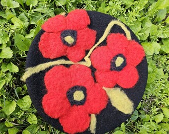 Handcrafted Felted Wool Beret with Red Poppies - Unique Floral Headwear. Round 28.5 cm / 11.22"