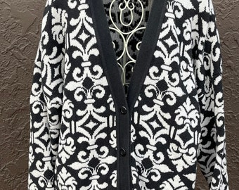 Vintage Fleur-de-lis Black & White Cardigan - L/XL