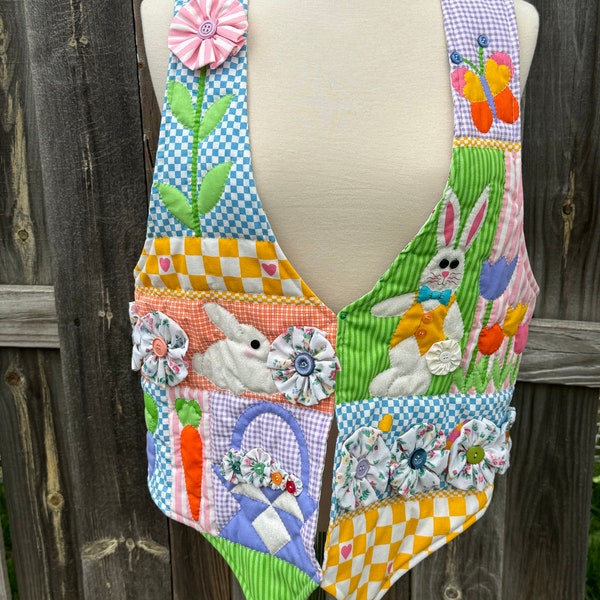 Vintage Spring 3D Flowers, Rabbits, Basket Butterfly Quilted Reversible Original Vest - M/L/XL