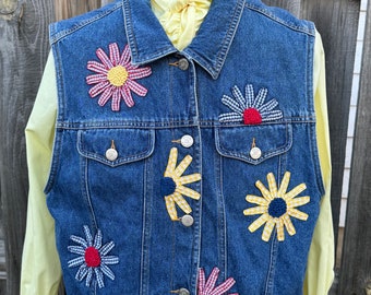 Vintage Denim Flower Embellished Vest - Large XL