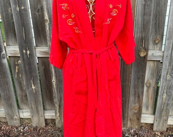 Vintage 1960's Heath China Red Cotton Kimono with Dragon - One Size