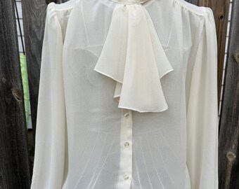 Vintage 1980’s Ivory Blouse with Kerchief Front Drop - Large