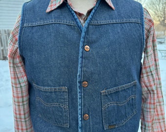 Vintage 70s Sears Roebuck Sherpa Lined Denim Jean Vest Made in USA - Large