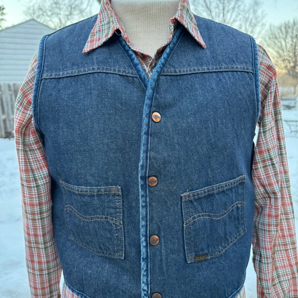 Vintage 70s Sears Roebuck Sherpa Lined Denim Jean Vest Made in USA - Large